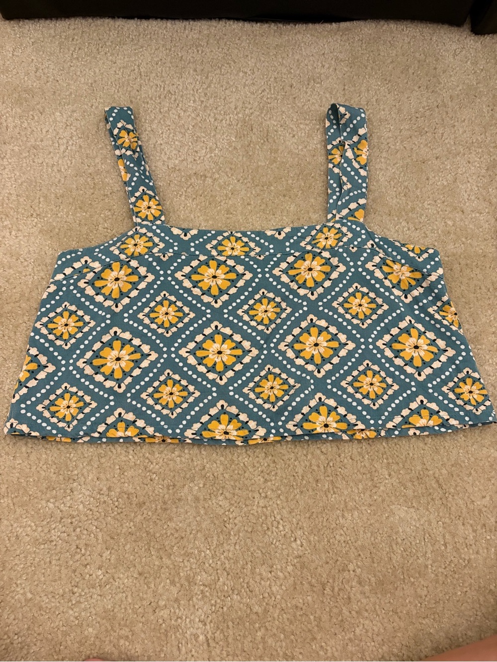 O'Neill Teal Crop Tank with Yellow Floral Diamond Print